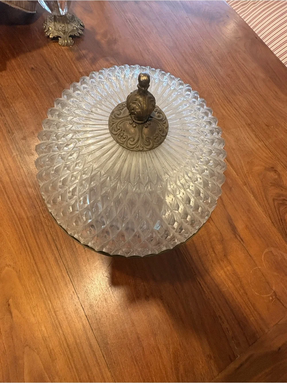Vintage Glass Dome Ceiling Fixture in Frosted Clear with Brass Trim